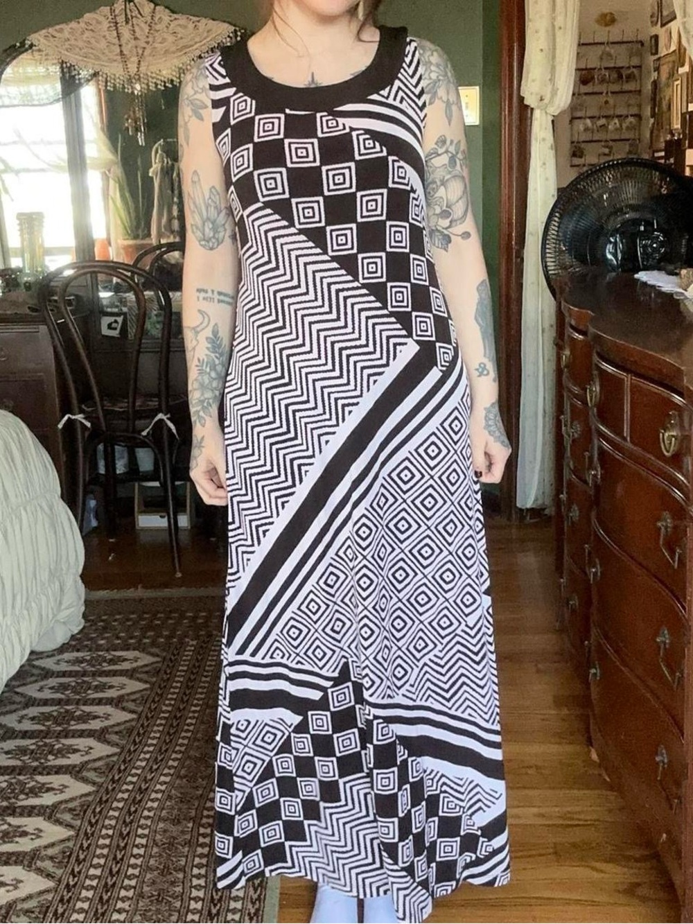 Women's brown & White Geometric Maxi Dress